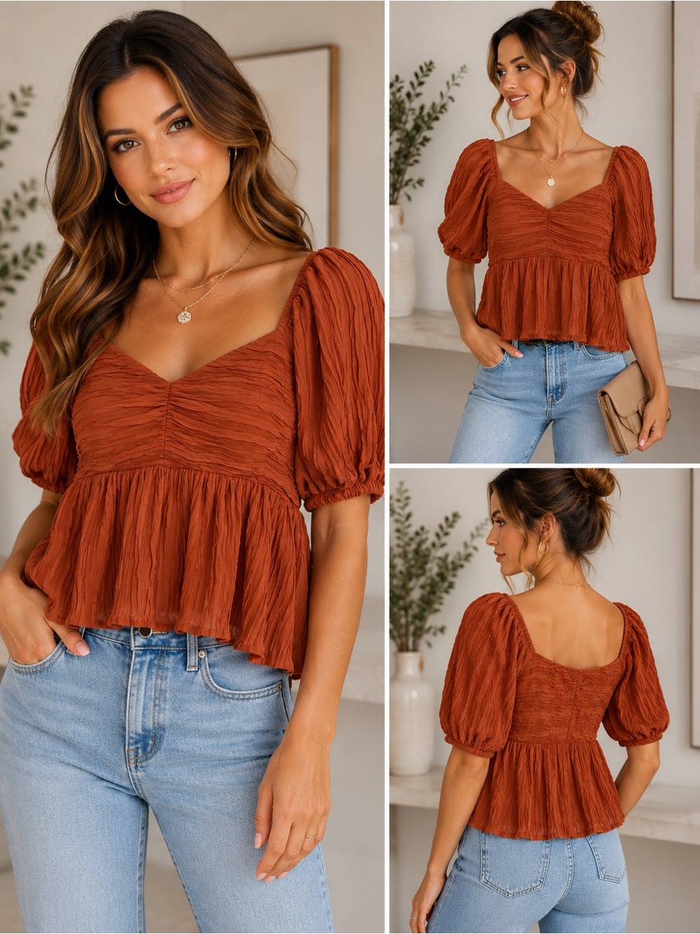 LE LIS Rust Crinkle Babydoll Top Puff Sleeve Peplum Blouse NWT Small